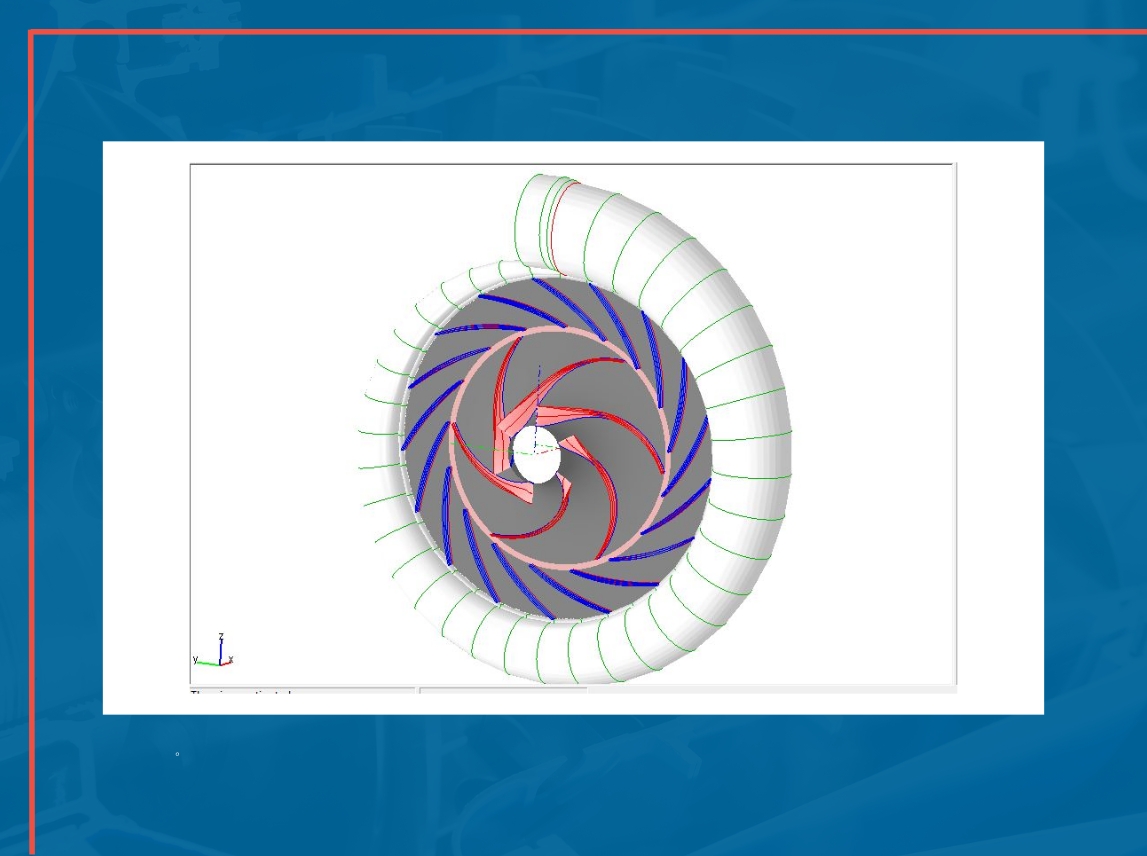 3D CAD model of a spiral turbine design with green, red, and blue lines on a white background.