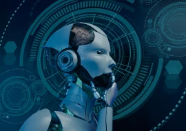 A humanoid robot with an exposed mechanical brain is pictured against a background of digital interfaces and circular patterns, contemplating software solutions with its hand on its chin.