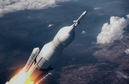 A rocket launches into the sky leaving a trail of flames and smoke, with clouds visible in the background.