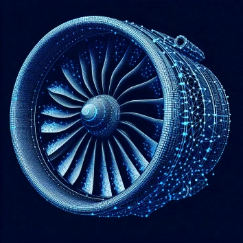 This digital illustration of a jet engine, enhanced by AxStream AI, highlights intricate details with a wireframe and glowing blue network design against a dark background.