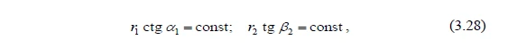 Mathematical expressions involving trigonometric functions: ( r cdot cot alpha_1 = text{const} ) and ( r_1 cdot tan beta_1 = text{const} ), labeled as equation 3.28.