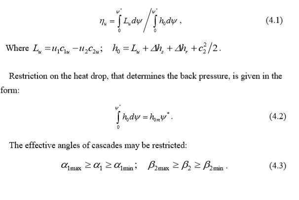 Mathematical equations related to pressure and angles of cascades with integral notations and associated variables and constants.