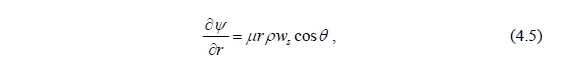 Equation showing the partial derivative of psi with respect to r equals mu times psi times omega times cos theta, labeled as equation 4.5.