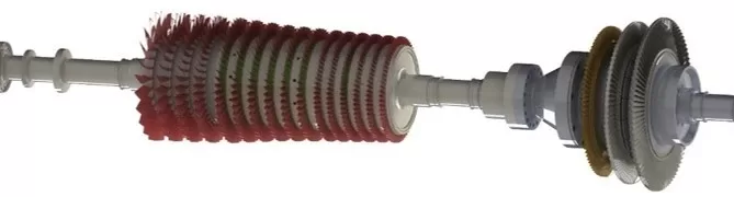 Diagram of a turbine rotor assembly with various colored components, including blades and discs, displayed in an exploded view.