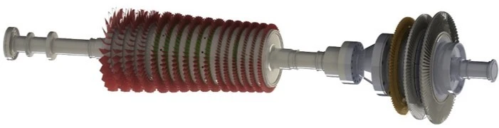 Diagram of a turbine rotor assembly with various colored components, including blades and discs, displayed in an exploded view.