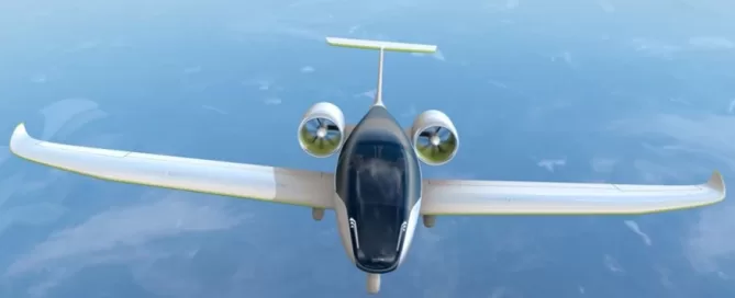 A sleek, futuristic airplane with two engines on top of the wings flies over a clear blue sky.