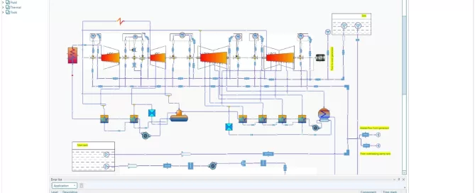 A detailed engineering schematic with interconnected symbols and lines, illustrating a complex system or process. Various colored icons and text labels are included.