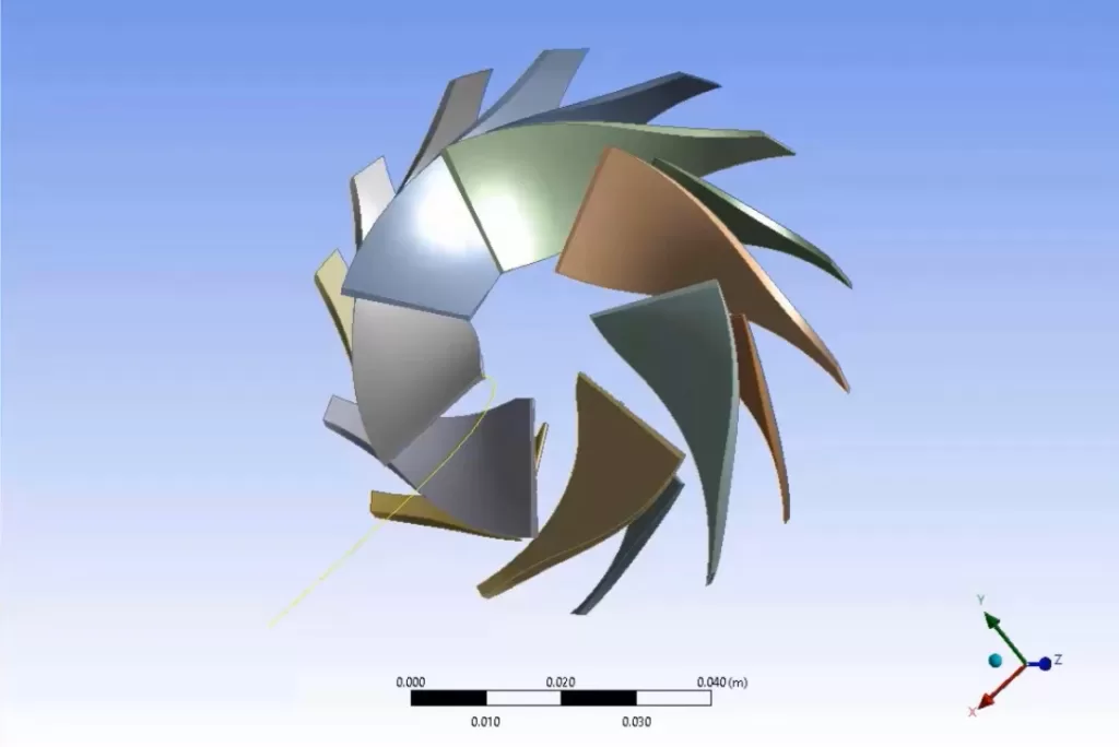 A 3D model of a turbine blade design is displayed on a gradient blue background, showcasing XYZ axes and a scale bar at the bottom, emphasizing the collaboration with our trusted partner.
