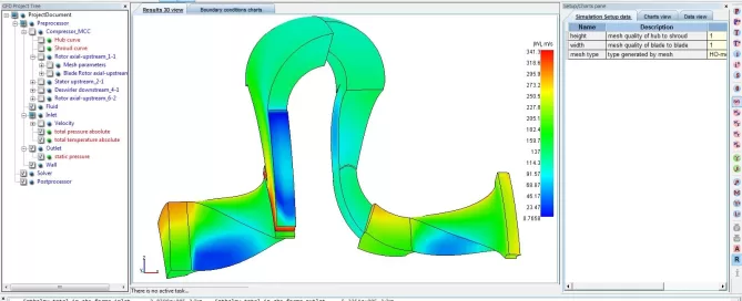 A 3D CAD simulation showing stress distribution on a curved pipe structure, displayed in various colors.