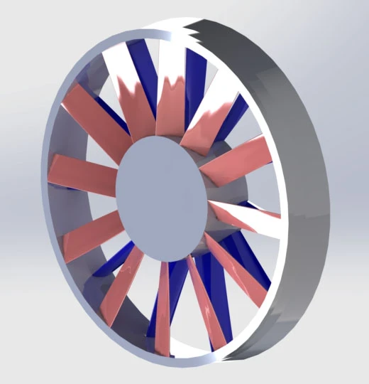 This 3D rendering showcases an innovative fan design featuring a circular object with alternating blue and red blades, arranged in a dynamic fan-like pattern, all encased within a sleek gray outer ring.