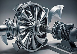 A detailed 3D-rendered model of an industrial turbine, featuring pump design elements, with multiple blades and an attached motor, showcasing intricate mechanical components.