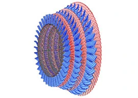 Abstract 3D rendering of interlocking blue and red geometric shapes that emulate an innovative turbine design within a circular structure.