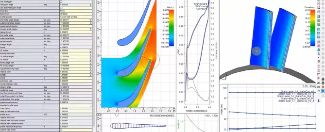 Computer screen displaying a simulation analysis with multiple graphs and a colorful fluid dynamics chart.