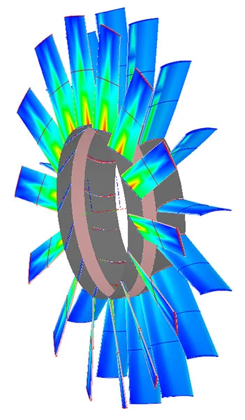 A 3D model of a turbine, inspired by advanced fan design, showcases blue, green, and red colors to indicate stress distribution on the blades.