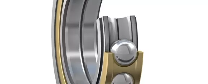 A cross-section of a ball bearing, commonly used in Softinway's turbomachinery, reveals metal balls nestled between inner and outer rings, securely held in place by a cage.