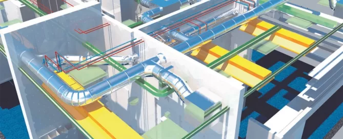 3D model of a building's HVAC system, featuring blue ventilation ducts, red electrical lines, and green structural elements against a light blue background.