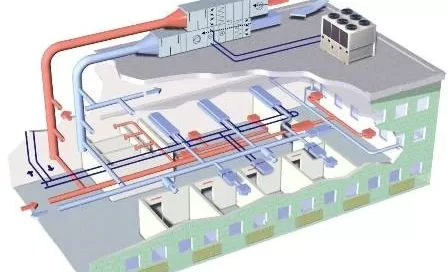 3D diagram of a building's HVAC system, showing air ducts, vents, and rooftop units, illustrating airflow paths and ventilation components.