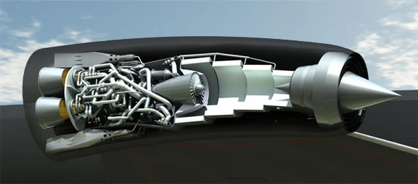 Cutaway model of a jet engine, revealing internal components and structure, set against a blurred sky background.