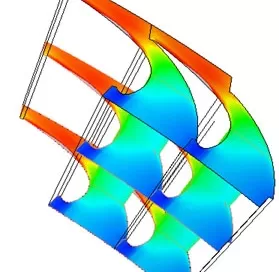 Colorful engineering diagram showing stress distribution in a multi-layered structure, with red indicating high stress and blue indicating low stress areas.