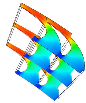 Colorful engineering diagram showing stress distribution in a multi-layered structure, with red indicating high stress and blue indicating low stress areas.
