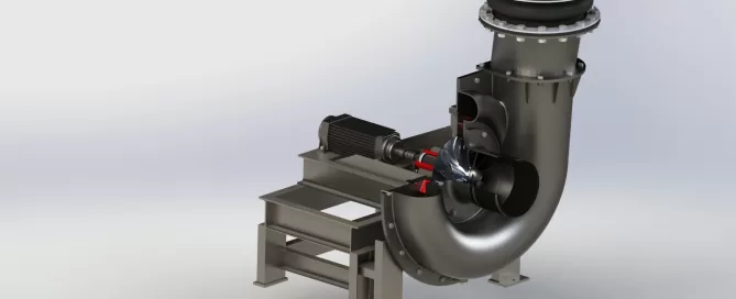 3D rendering of a large industrial pump with a curved pipe, mounted on a metal base, featuring a motor and visible internal components.