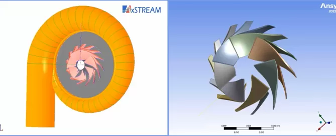 3D models of a turbine design, featuring an orange spiral casing on the left and a colorful angled blade arrangement on the right, displayed with xStream and Ansys 2022 R2 logos.