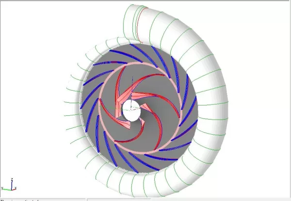 3D model of a spiral-shaped turbine or pump with curved blades inside a coiled casing.