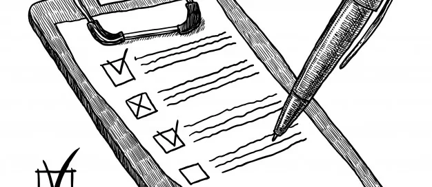 Illustration of a clipboard with a checklist, featuring multiple items with check marks, and a pen positioned as if checking an item.