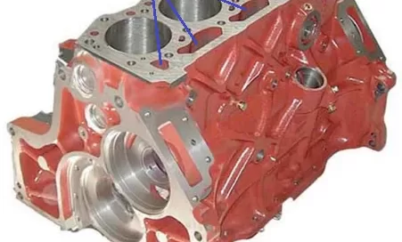 Image of a red engine block with labeled cooling water jackets.