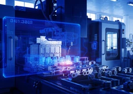A futuristic, blue-tinted digital interface overlays an industrial machine in a factory setting, highlighting the seamless integration of automated processes and cutting-edge technology.