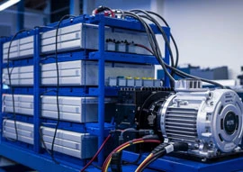 A stack of battery packs connected to a motor sits on a blue rack, showcasing cutting-edge technology in an industrial setting.