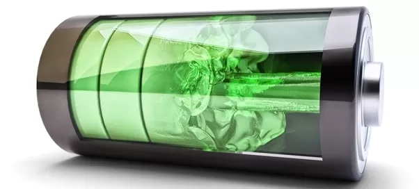 A transparent battery with a green fluid and internal green smoke, reminiscent of a skull, filling the interior—a design innovation akin to Softinway's cutting-edge turbomachinery.