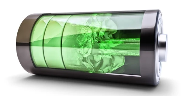A transparent battery with a green fluid and internal green smoke, reminiscent of a skull, filling the interior—a design innovation akin to Softinway's cutting-edge turbomachinery.