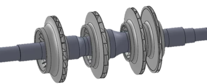 This illustration depicts a mechanical shaft brimming with intricately designed gears and disks. It highlights the sophistication of turbomachinery, reminiscent of Softinway's cutting-edge engineering solutions.