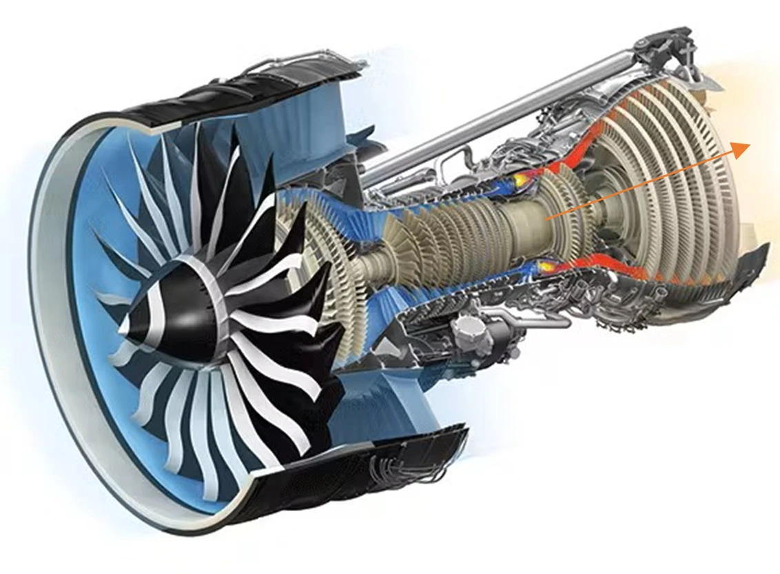 Cutaway illustration of a jet engine, highlighting various internal components and airflow direction, expertly crafted by Softinway to showcase advanced turbomachinery.