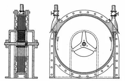 Technical drawing of a mechanical apparatus, featuring a cross-section view on the left and a front view on the right, displaying gears and structural components.