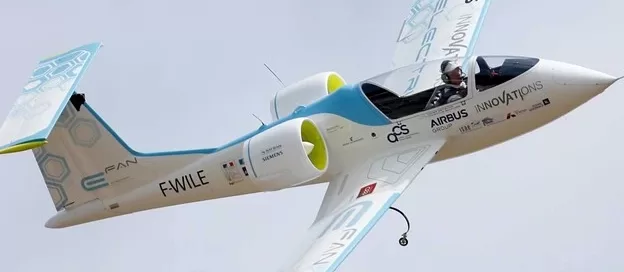 The image features a small, white, twin-engine electric aircraft soaring through the sky with blue and green accents. Marked "E-Fan" and "Airbus Innovations," it's a testament to advancements in aerodynamics and turbomachinery design.