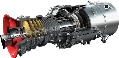 The cross-section of a gas turbine engine highlights various internal components, including blades and the combustion chamber, essential in turbomachinery. With Softinway's expertise, these elements are designed for optimal performance and efficiency.