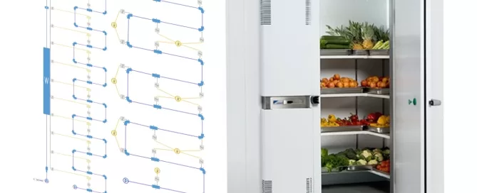 An open storage unit filled with assorted fruits and vegetables, next to a diagram with interconnected lines and nodes.