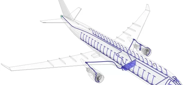 Softinway provides a transparent airplane diagram illustrating the cabin layout, wings, engines, tail structure, and advanced turbomachinery components.