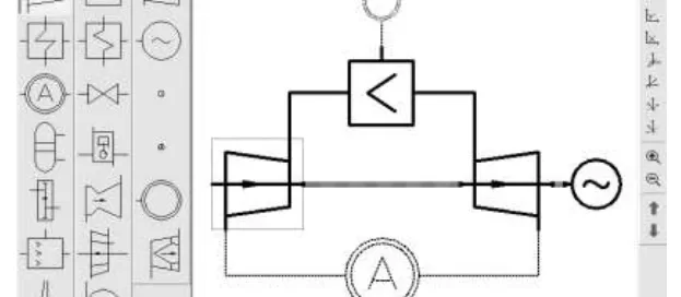 A circuit diagram in editing software shows symbols for electrical components connected by lines, with a toolbar featuring additional symbols on the left side.