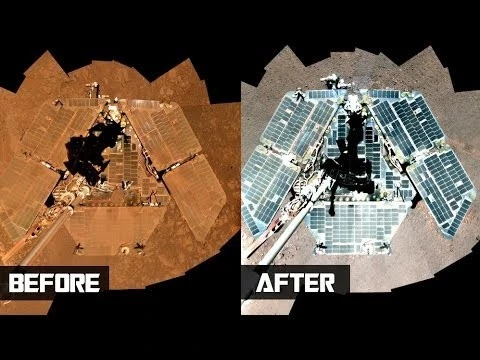 Figure 3 Opportunity rover before and after dusting off its solar panels