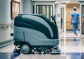 A floor cleaning appliance is parked in a hospital corridor. A person in scrubs walks away in the background, ensuring the medical facility remains pristine.