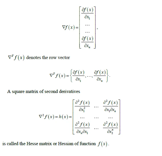 Mathematics diagram showing gradient vector ∇f(x), row vector representation, and Hessian matrix ∇²f(x) for a function f(x), featuring partial derivatives with respect to variables x₁, x₂, ..., xₙ.