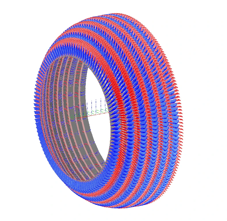 3D model of a tire with alternating red and blue textured treads.