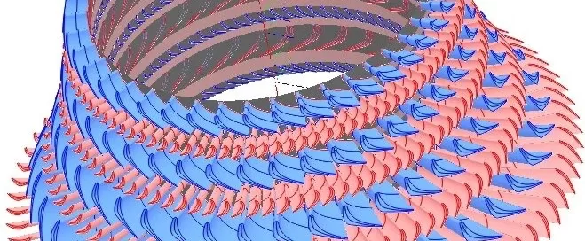 3D spiral structure with alternating blue and pink layered segments, resembling a twisted cylindrical shape.