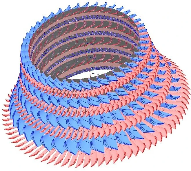 3D spiral structure with alternating blue and pink layered segments, resembling a twisted cylindrical shape.
