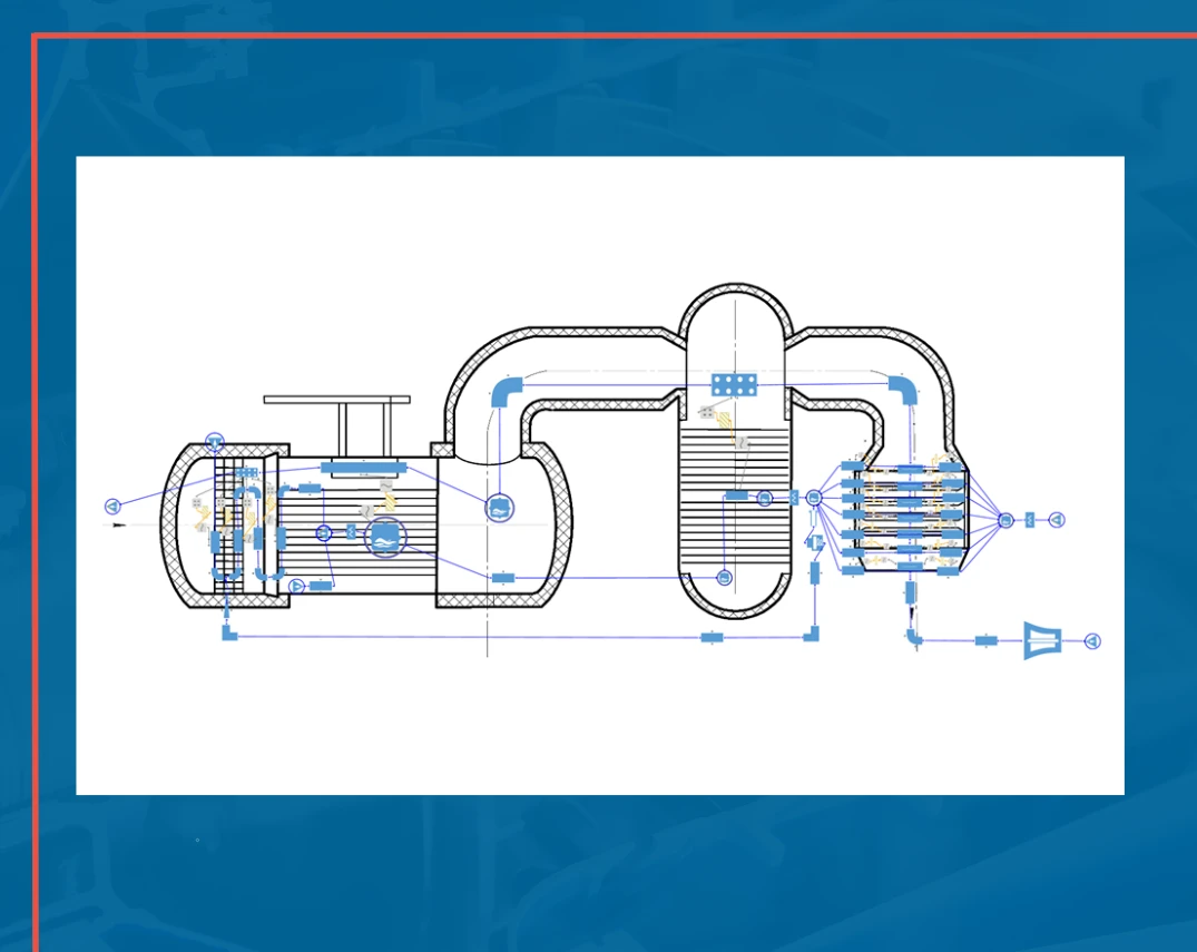 Technical diagram of an industrial process with labeled pipes, valves, and machinery components on a blue and white blueprint background.