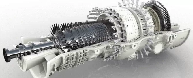 Illustration of a complex mechanical turbine with multiple gears and blades, showcasing the intricate engineering details typical of advanced turbomachinery, a testament to Softinway's expertise in precision components.