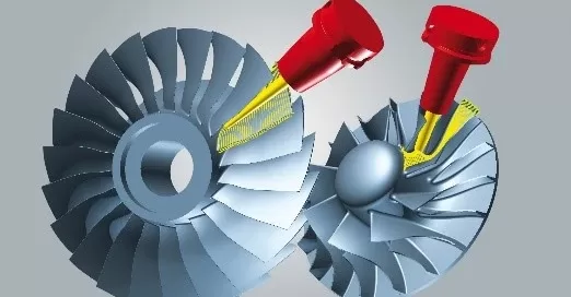 A 3D rendering of two turbine components with red tools positioned above each, likely illustrating a manufacturing or assembly process.